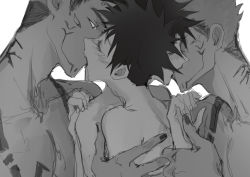 Rule 34 | 4boys, absurdres, arm tattoo, blush, chest tattoo, dual persona, extra eyes, closed eyes, facial tattoo, group sex, fushiguro megumi, group sex, highres, jujutsu kaisen, kiss, looking at another, male focus, multiple boys, nail polish, nude, ryoumen sukuna (jujutsu kaisen), short hair, size difference, spiked hair, tattoo, undercut, woshihedawei, yaoi
