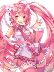 Rule 34 | 1girl, cowboy shot, detached sleeves, flower, frilled skirt, frills, hair flower, hair ornament, hatsune miku, headphones, long hair, looking at viewer, mikipa, necktie, open mouth, pink eyes, pink hair, pink thighhighs, sakura miku, simple background, skirt, solo, thighhighs, twintails, very long hair, vocaloid, white background
