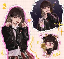 Rule 34 | 1girl, animal ears, animification, black jacket, black necktie, blonde hair, blush, brown hair, chibi, chibi inset, collared shirt, commentary, highres, holding, holding microphone, jacket, k-pop, kemonomimi mode, kim chae-won, le sserafim, leather, leather jacket, long sleeves, looking at viewer, microphone, multicolored hair, multiple views, necktie, open mouth, paw pose, plaid, plaid skirt, purple eyes, r1k5, real life, red skirt, shirt, skirt, smile, sparkle, star (symbol), streaked hair, symbol-only commentary, tail, tiger ears, tiger girl, tiger tail, white shirt
