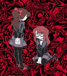 Rule 34 | 2girls, arms behind back, black jacket, black pantyhose, black skirt, bow, brown hair, facing away, full body, glasses, hair bow, highres, jacket, looking at another, looking up, multiple girls, nervous sweating, pantyhose, parted lips, persona, persona 5, persona 5 the royal, plaid, plaid skirt, ponytail, red bow, red footwear, red hair, school uniform, shaded face, shirt, shuujin academy school uniform, siblings, sisters, skirt, spoilers, sweat, umainaotofu, white shirt, yoshizawa kasumi, yoshizawa kasumi&#039;s sister, yoshizawa sumire