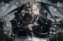 Rule 34 | 1girl, analog clock, bandaged arm, bandaged leg, bandages, barefoot, birdcage, blonde hair, blood, bloody bandages, breasts, cage, clock, couch, detached sleeves, flower, gloves, hand on own head, highres, holding, holding sword, holding weapon, leg up, long hair, nail polish, original, plant, red eyes, red nails, rose, shui ran moon, single thighhigh, solo, sword, table, tail, teapot, thighhighs, toenails, weapon, white flower, white rose, wings