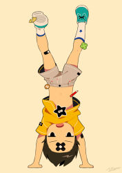 Rule 34 | 1boy, bandaid, bandaid on arm, bandaid on face, bandaid on knee, bandaid on leg, bare legs, belly, black eyes, blue footwear, brown hair, clothes lift, commentary request, full body, grey shorts, half-closed eyes, handstand, looking at viewer, male focus, midriff, midriff peek, navel, noeyebrow (mauve), open mouth, original, shirt, shirt lift, short hair, short sleeves, shorts, simple background, socks, solo, sticker, top-down bottom-up, upside-down, yellow background, yellow shirt