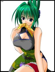 Rule 34 | 1girl, blue eyes, breasts, china dress, chinese clothes, cleavage, dress, green hair, huge breasts, large breasts, bridal garter, mouth hold, ofuda, shaman king, solo, tao jun