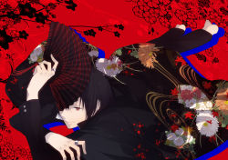 Rule 34 | 1boy, bad id, bad pixiv id, black hair, covering face, crossed arms, durarara!!, expressionless, floral print, folding fan, formal, hand fan, hand up, holding, jewelry, long sleeves, looking at viewer, lying, male focus, on stomach, orihara izaya, red eyes, ring, ryugo, solo, suit, xia (ryugo)
