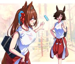 Rule 34 | 2girls, animal ears, artistic error, bag, bow, breasts, brown hair, can, clothes around waist, commentary request, commission, daiwa scarlet (umamusume), gym shirt, gym uniform, hair bow, hair intakes, hair over one eye, highres, horse ears, horse girl, horse tail, jacket, jacket around waist, large breasts, long hair, looking at another, multiple girls, nerukichikatafukuma, open mouth, pants, red bow, red eyes, red jacket, red pants, school bag, shirt, skeb commission, tail, throwing, tracen training uniform, track jacket, track pants, twintails, umamusume, vodka (umamusume), white shirt