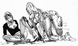 Rule 34 | 2girls, all fours, artist request, ass, blood, bottomless, breasts, from behind, monochrome, monster girl, multiple girls, socks, uncensored, zombie