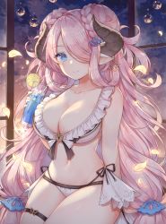 Rule 34 | 1girl, ayuanlv, bare shoulders, bikini, blue eyes, braid, braided bun, breasts, cleavage, cloud, collarbone, cup, double bun, draph, drinking glass, drinking straw, frilled bikini, frills, granblue fantasy, hair bun, hair over one eye, holding, horns, large breasts, long hair, looking at viewer, multi-strapped bikini, narmaya (granblue fantasy), narmaya (summer) (granblue fantasy), navel, petals, pink hair, pointy ears, sidelocks, solo, stomach, swimsuit, thigh strap, thighs, very long hair, white bikini