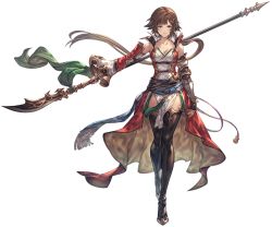 Rule 34 | 1girl, bare shoulders, blue eyes, boots, breasts, brown hair, cleavage, closed mouth, collarbone, detached sleeves, full body, gauntlets, granblue fantasy, hair ornament, leona (granblue fantasy), lips, long hair, looking at viewer, low ponytail, medium breasts, minaba hideo, naginata, official art, pelvic curtain, polearm, sash, single gauntlet, sleeveless, solo, standing, thigh boots, thighhighs, transparent background, very long hair, weapon