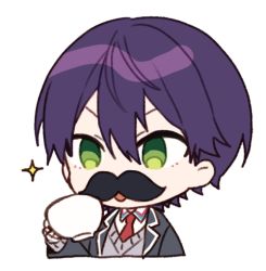 Rule 34 | 1boy, bandaged hand, bandages, black jacket, blazer, chibi, collared shirt, cropped torso, cup, eyebrows hidden by hair, fake facial hair, fake mustache, green eyes, grey sweater, hair between eyes, holding, holding cup, jacket, kenmochi touya, long sleeves, male focus, necktie, nijisanji, open clothes, open jacket, parted lips, purple hair, red necktie, school uniform, shirt, simple background, sleeves past wrists, solo, sparkle, sweater, teacup, upper body, v-shaped eyebrows, virtual youtuber, white background, white shirt, yamabukiiro