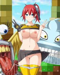 Rule 34 | 1girl, absurdres, aiba ami, blue eyes, blush, breasts, digimon, digimon story: cyber sleuth, highres, nipples, thighhighs, v