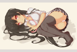 Rule 34 | 1girl, bad feet, bad id, bad pixiv id, black hair, black thighhighs, blush, breasts, cameltoe, character request, cleavage, dress shirt, hair ornament, hairclip, jewelry, long hair, lying, necklace, on side, original, panties, pantyshot, red eyes, shirt, shugami, skirt, sleeves rolled up, solo, thighhighs, thighs, underwear, upskirt, white panties