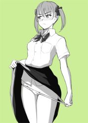 Rule 34 | 1girl, bad id, bad twitter id, blush, bow, bowtie, breast pocket, closed mouth, clothes lift, collared shirt, cowboy shot, green background, green theme, groin, legs together, lifting own clothes, looking away, monochrome, nanahime, original, panties, panty pull, pinky out, pocket, pulling own clothes, shirt, short sleeves, simple background, sketch, skirt, skirt lift, solo, standing, twintails, underwear, v-shaped eyebrows, wing collar