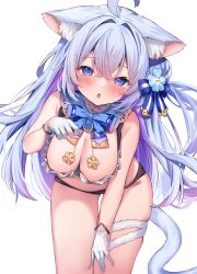 Rule 34 | 1girl, animal ears, bare shoulders, bent over, black panties, blue eyes, blue hair, blush, breasts, cleavage, detached collar, eip (pepai), flower, gloves, hair flower, hair ornament, hanging breasts, highres, large breasts, light blue hair, long hair, looking at viewer, multicolored hair, original, panties, purple hair, simple background, tail, thigh strap, two-tone hair, underwear, underwear only, white background, white gloves