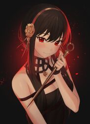 Rule 34 | 1girl, bare shoulders, black background, black dress, black hair, blush, breasts, cleavage, dagger, dalmo (pafe2444), dress, flower, gold hairband, hair between eyes, hair flower, hair ornament, hair up, hairband, highres, holding hands, knife, long hair, looking at viewer, medium breasts, portrait, red eyes, sidelocks, smile, solo, spy x family, stiletto (weapon), upper body, weapon, yor briar