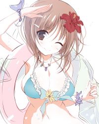 Rule 34 | 10s, 1girl, ;), arm up, bad id, bad twitter id, bikini, blue bikini, bow, bow bikini, bracelet, breasts, brown eyes, brown hair, carrying, cleavage, closed mouth, commentary request, flower, flower request, frilled bikini, frills, getsumen suibaku ver. a(c), girls und panzer, hair flower, hair ornament, hairclip, highres, innertube, jewelry, looking at viewer, medium breasts, navel, necklace, nishizumi miho, one eye closed, salute, short hair, sketch, smile, solo, standing, swim ring, swimsuit, white background, wristband