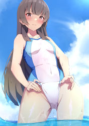 Rule 34 | 1girl, blunt bangs, blush, breasts, brown eyes, brown hair, collarbone, competition swimsuit, covered navel, fingernails, groin, highres, juujou hiyori, long hair, motsutoko, one-piece swimsuit, outdoors, skin tight, small breasts, solo, sunlight, swimsuit, thighs, toji no miko, very long hair, wading, water, wet