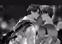 Rule 34 | 2boys, commentary, eye contact, face-to-face, from behind, greyscale, hello9158, highres, kim dokja, long sleeves, looking at another, male focus, monochrome, multiple boys, omniscient reader&#039;s viewpoint, parted lips, rain, shirt, short hair, upper body, yoo joonghyuk