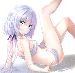 Rule 34 | 10s, 1girl, bare arms, bare legs, bare shoulders, black ribbon, blue eyes, blush, breasts, closed mouth, commentary, feet out of frame, hair between eyes, hair ribbon, head tilt, highres, knees up, konno junko, leg up, long hair, looking at viewer, looking back, low twintails, md5 mismatch, reclining, resolution mismatch, ribbon, sarashi, shadow, shoulder blades, simple background, small breasts, smile, solo, source larger, sunhyun, thighs, twintails, white background, white hair, zombie land saga
