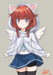 Rule 34 | 1girl, adapted costume, angel wings, animal hood, bike shorts, black shorts, black thighhighs, blue necktie, blue skirt, bob cut, braid, cape, cat hood, etorofu (kancolle), grey background, highres, hood, kantai collection, looking at viewer, necktie, pleated skirt, purple eyes, red hair, shorts, shorts under skirt, side braid, simple background, skirt, solo, standing, t2r, thick eyebrows, thighhighs, twin braids, white cape, wings