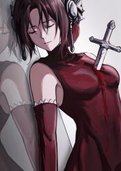 Rule 34 | 1girl, blood, blood on body, blood on chest, breasts, brown hair, character request, chinese commentary, closed eyes, closed mouth, collarbone, commentary, dagger, detached sleeves, drag-on dragoon, drag-on dragoon 1, dress, furiae, hair ornament, highres, ikooto111, injury, knife, lying, medium breasts, on side, red dress, red sleeves, reflection, reflective floor, skin tight, sleeveless, sleeveless dress, solo, stab, updo, weapon