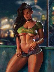 Rule 34 | 1girl, abs, against railing, asymmetrical hair, azuma yasuo, black hair, black panties, blurry, blurry background, bracelet, breasts, chain-link fence, commission, cornrows, covered erect nipples, cropped shirt, dark-skinned female, dark skin, denim, denim shorts, fence, highres, jewelry, large breasts, laura matsuda, looking at viewer, micro shorts, navel, navel piercing, night, nipple piercing, no bra, official alternate costume, open fly, panties, pendant choker, piercing, portuguese text, railing, short shorts, shorts, solo, street fighter, street fighter v, toned, underboob, underwear