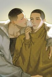 Rule 34 | 2boys, arm on another&#039;s shoulder, bishounen, black eyes, black hair, breath, buzz cut, closed eyes, closed mouth, collar tug, couple, fukatsu kazunari, gradient background, grey sweater, highres, looking at another, male focus, multiple boys, ood do0, sawakita eiji, short hair, simple background, slam dunk (series), sweater, undercut, upper body, very short hair, yaoi, yellow sweater
