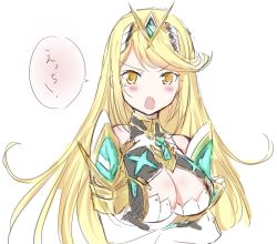 Rule 34 | 1girl, armor, blonde hair, blush, breast hold, breasts, cleavage, cleavage cutout, clothing cutout, highres, large breasts, long hair, looking at viewer, mythra (xenoblade), nintendo, open mouth, simple background, solo, translation request, tsundere, v-shaped eyebrows, white background, xenoblade chronicles (series), xenoblade chronicles 2, yellow eyes, zero-theme