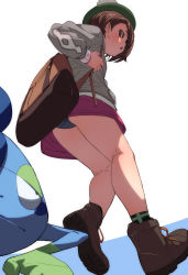 Rule 34 | 1girl, :o, backpack, bag, bare legs, blue panties, blush, boots, brown eyes, brown footwear, brown hair, commentary, creatures (company), flat chest, from below, from side, fu-ta, full body, game freak, gen 8 pokemon, gloria (pokemon), green hat, grey sweater, hat, highres, kneepits, long sleeves, looking at viewer, looking down, miniskirt, nintendo, open mouth, panties, pantyshot, pink skirt, pokemon, pokemon swsh, pom pom (clothes), shoes, short hair, simple background, skirt, sobble, solo, sweater, tam o&#039; shanter, thighs, underwear, white background, wristband