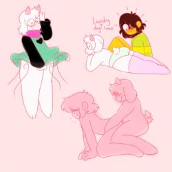 Rule 34 | 1boy, 1other, all fours, anal, artist request, black hair, blush, deltarune, doggystyle, feminine, glasses, goat, goat boy, horns, kris (deltarune), looking at another, lying, multiple boys, on stomach, panties, pink horns, pink thighhighs, ralsei, sex, sex from behind, smile, standing, thighhighs, underwear