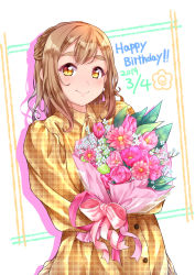 Rule 34 | 1girl, alternate hairstyle, bouquet, brown hair, collared dress, dated, dress, drop shadow, flower, half updo, happy birthday, highres, holding, holding bouquet, kanabun, kunikida hanamaru, long hair, long sleeves, looking at viewer, love live!, love live! school idol festival, love live! sunshine!!, pink flower, pink ribbon, pink rose, plaid, plaid dress, ribbon, rose, smile, solo, thick eyebrows, yellow dress, yellow eyes