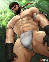 Rule 34 | 1boy, abs, bara, beard, body hair, bulge, chest hair, dopey (dopq), facial hair, fundoshi, headband, highres, japanese clothes, large pectorals, looking at viewer, male focus, male underwear, manly, muscular, nipples, pectorals, revealing clothes, ryu (street fighter), simple background, solo, street fighter, street fighter iv (series), thick thighs, thighs, topless male, underwear, watermark, web address, white male underwear