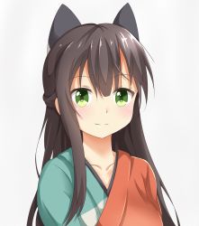 Rule 34 | 1girl, black bow, blush, bow, breasts, brown hair, closed mouth, collarbone, commentary request, green eyes, hair bow, half updo, highres, japanese clothes, kimono, long hair, looking at viewer, medium breasts, multicolored clothes, multicolored kimono, seno (nanrandesu), sidelocks, simple background, smile, solo, tatsumi kon, urara meirochou, white background