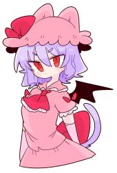 Rule 34 | 1girl, animal ears, ascot, bat wings, brooch, cat ears, cat tail, collared shirt, ears through headwear, elbow gloves, fang, frilled shirt collar, frilled sleeves, frills, gloves, hat, hat ribbon, highres, jewelry, light purple hair, mob cap, op na yarou, pink hat, pink shirt, pink skirt, puffy short sleeves, puffy sleeves, red ascot, red eyes, red ribbon, remilia scarlet, ribbon, shirt, short hair, short sleeves, simple background, skirt, skirt set, slit pupils, solo, tail, touhou, white background, wings
