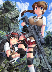 Rule 34 | 2girls, ahoge, armored personnel carrier, armored vehicle, backpack, bag, bandage on face, bandages, bandaid, bandaid on face, black eyes, black hair, blue eyes, blue ribbon, blush, breasts, brown hair, cloud, commentary request, day, elbow pads, fang, gloves, gun, hair ribbon, hairband, hase yu, holding, holding gun, holding weapon, hugging own legs, knee pads, long hair, medium breasts, military, military vehicle, motor vehicle, multiple girls, no panties, one eye closed, open mouth, original, outdoors, parted lips, plaid, plaid skirt, plant, ponytail, red hairband, ribbon, rifle, school uniform, scope, shirt, short hair, short sleeves, skirt, sky, sniper rifle, sweater vest, tank, thigh strap, trigger discipline, uniform, vines, weapon, white legwear, white shirt