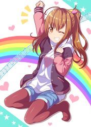 Rule 34 | 1girl, ahoge, blue shorts, blush, brown eyes, brown hair, brown pantyhose, character request, clenched teeth, eyebrows, gurande (g-size), hand up, heart, heart background, highres, hood, hoodie, jacket, pantyhose under shorts, letterman jacket, long hair, looking at viewer, no shoes, notes, one eye closed, open clothes, open hoodie, original, pantyhose, pantyhose under shorts, ponytail, rainbow, shorts, sidelocks, sitting, solo, teeth