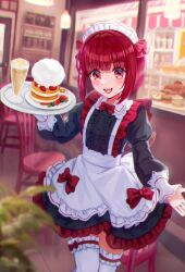 Rule 34 | 1girl, alternate costume, apron, arima kana, black dress, blurry, blurry background, blush, bob cut, bow, commentary request, dress, enmaided, food, frilled dress, frilled thighhighs, frills, holding, holding tray, inverted bob, juliet sleeves, long sleeves, looking at viewer, maid, maid apron, maid headdress, open mouth, oshi no ko, pink bow, puffy sleeves, red bow, red eyes, red hair, sarasa kouhaku, short hair, solo, thighhighs, tray