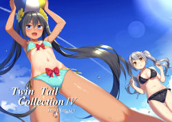 Rule 34 | 2girls, :d, alexmaster, ass, ball, beachball, bikini, black bikini, black hair, blue bikini, blue eyes, blue sky, blush, breasts, cleavage, cloud, dark-skinned female, dark skin, day, fang, highres, large breasts, long hair, looking at viewer, multiple girls, navel, one-piece tan, open mouth, original, outdoors, silver hair, sky, small breasts, smile, swimsuit, tan, tanline, twintails, very long hair, yellow eyes