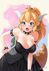 Rule 34 | 1girl, absurdres, armlet, black collar, black dress, blonde hair, blue eyes, blush, bowsette, bracelet, breasts, cleavage, collar, crown, dress, earrings, fang, hand on own hip, highres, horns, jewelry, large breasts, lkqyan, long hair, looking at viewer, mario (series), new super mario bros. u deluxe, nintendo, open mouth, signature, skin fang, solo, spiked armlet, spiked bracelet, spiked collar, spiked shell, spiked tail, spikes, strapless, strapless dress, super crown, tail, turtle shell