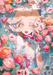 Rule 34 | 1girl, aburage (motimotigg20), arm up, blonde hair, blurry, blurry foreground, bow, eyeshadow, finger to cheek, flower, gloves, highres, lips, lipstick, looking at viewer, makeup, mole, mole under mouth, multicolored hair, one eye closed, original, parted lips, pink eyes, pink lips, ribbon, ringlets, short hair, smile, solo, streaked hair, upper body