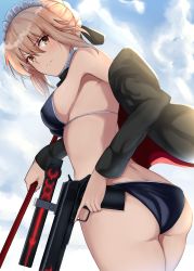 Rule 34 | 1girl, absurdres, artoria pendragon (alter swimsuit rider) (fate), artoria pendragon (alter swimsuit rider) (second ascension) (fate), artoria pendragon (fate), ass, back, bikini, black bikini, black jacket, black ribbon, blonde hair, breasts, closed mouth, cloud, cloudy sky, dutch angle, fate/grand order, fate (series), frills, from behind, from below, frown, gun, hair between eyes, hair bun, hair ribbon, highres, holding, holding gun, holding weapon, hood, hooded jacket, jacket, looking back, maid headdress, medium breasts, off shoulder, official alternate costume, ribbon, sideboob, sidelocks, single hair bun, sky, solo, string bikini, swimsuit, trigger discipline, v-shaped eyebrows, weapon, yamikyon, yellow eyes