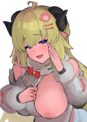 Rule 34 | 1girl, ahoge, bare shoulders, blonde hair, blue eyes, bow, bowtie, breasts, clothing aside, detached sleeves, dismassd, dress, dress aside, flashing, grey dress, hair ornament, hairclip, highres, hololive, horns, large breasts, long hair, long sleeves, looking at viewer, nipples, one breast out, open mouth, red bow, red bowtie, sheep girl, sheep horns, simple background, sleeveless, sleeveless dress, solo, tsunomaki watame, tsunomaki watame (1st costume), upper body, virtual youtuber, white background
