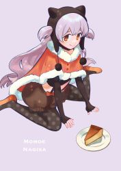Rule 34 | 1girl, arm support, black collar, black pantyhose, brown shorts, capelet, character name, cheesecake, closed mouth, collar, commentary, cropped shirt, elbow gloves, fingerless gloves, food, fur-trimmed capelet, fur-trimmed collar, fur trim, gloves, highres, long hair, looking at viewer, mahou shoujo madoka magica, mahou shoujo madoka magica: hangyaku no monogatari, midriff, momoe nagisa, navel, orange capelet, orange eyes, orange footwear, pantyhose, polka dot, polka dot legwear, pom pom (clothes), puffy shorts, shoes, shorts, simple background, sitting, smile, solo, wariza, wavy hair, white background, white hair, yooki (winter cakes)