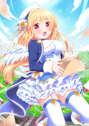 Rule 34 | 1girl, :o, ahoge, bad id, bad pixiv id, beret, blonde hair, blue sky, blush, boots, cloud, day, field, grass, hat, high heel boots, high heels, highres, long hair, looking at viewer, moe2016, open mouth, original, outdoors, plant, red eyes, ringo yuyu, school uniform, sky, solo, star (symbol), sun, sunlight, thighhighs, white thighhighs, wings