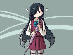 Rule 34 | 1girl, black hair, bow, bowtie, brown eyes, closed umbrella, commentary, cowboy shot, english commentary, eyes visible through hair, grey background, grey pantyhose, hair over one eye, halterneck, hayashimo (kancolle), hime cut, kantai collection, long hair, looking at viewer, one-hour drawing challenge, pantyhose, parted lips, school uniform, shirt, sixten, smile, solo, standing, two-tone background, umbrella, very long hair, white shirt