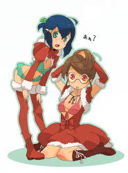 Rule 34 | 2girls, adjusting hair, arms up, bikini, blue hair, boots, bow, brown hair, christmas, elbow gloves, front-tie top, glasses, gloves, green eyes, hair ornament, hairclip, mouth hold, multiple girls, original, red eyes, red gloves, santa costume, swimsuit, thighhighs, ukke