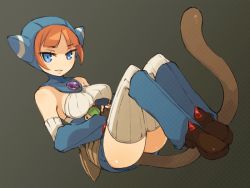 Rule 34 | 1girl, blue eyes, boots, breasts, breath of fire, breath of fire v, capcom, fingerless gloves, full body, gloves, knee boots, lin, lin (breath of fire), medium breasts, mota, orange hair, simple background, smile, solo, tail, thighhighs, white thighhighs