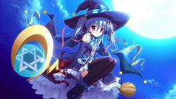 Rule 34 | 1girl, blue hair, dress, game cg, hat, highres, long hair, luluna, magical marriage lunatics!!, moon, moonstone, night, purple eyes, ribbon, staff, thighhighs, twintails, witch, witch hat, yamakaze ran