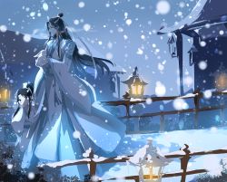 Rule 34 | 2boys, animal, architecture, black hair, child, chinese clothes, east asian architecture, hand up, highres, holding, holding animal, lan wangji, lantern, long hair, male focus, modao zushi, multiple boys, muse (rainforest), outdoors, rabbit, railing, robe, sidelocks, snowing, white robe