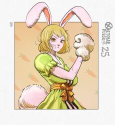 Rule 34 | 1girl, animal ears, blonde hair, carrot, carrot (one piece), clenched hand, commentary, copyright name, dress, english commentary, green dress, highres, iago fn, looking at viewer, one piece, orange sash, rabbit ears, rabbit girl, rabbit tail, short hair, solo, tail, upper body