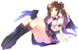Rule 34 | 1girl, asada sadao, ass, bad id, bad twitter id, black socks, black wings, blush, brown eyes, brown hair, checkered clothes, checkered skirt, full body, hat, himekaidou hatate, kneehighs, long hair, looking at viewer, miniskirt, necktie, pointy ears, puffy sleeves, shirt, short sleeves, simple background, sitting, skirt, smile, socks, solo, tokin hat, touhou, twintails, upskirt, white background, wings